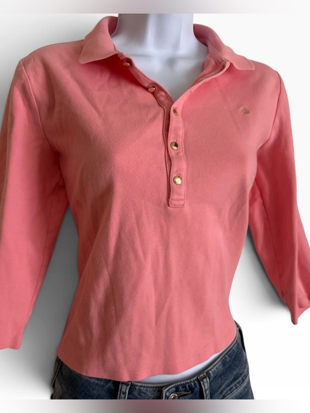 Vintage Y2K Lauren Ralph Lauren Pink 3/4 Sleeve Polo Top Medium Gold Buttons